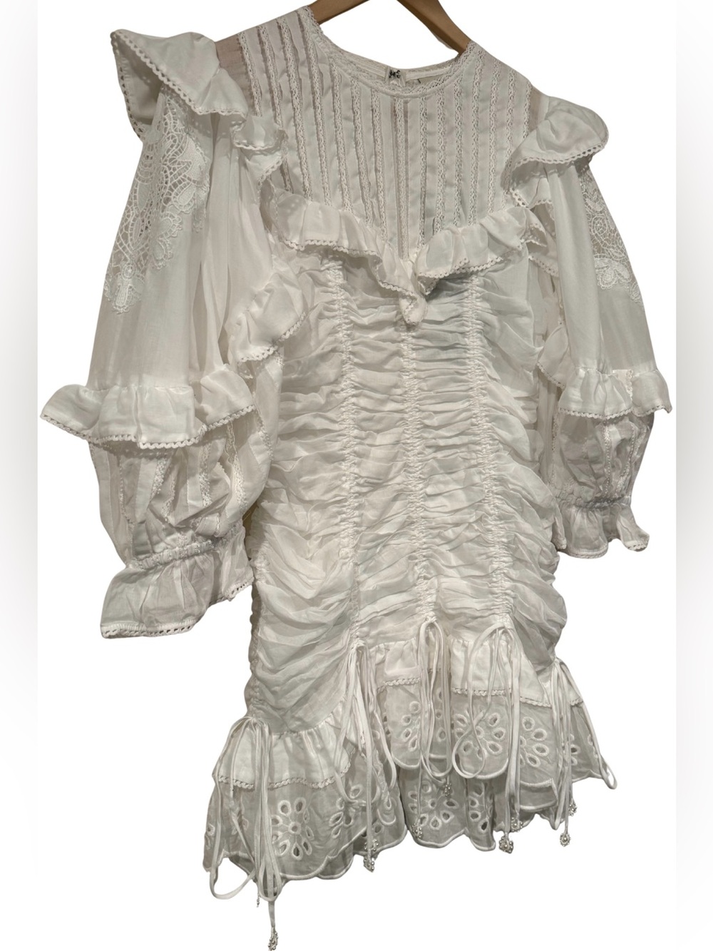 Farm Rio 100% Cotton White Laced Short Sleeve Mini Dress Ruched S Ruffle Eyelet - Picture 7 of 13